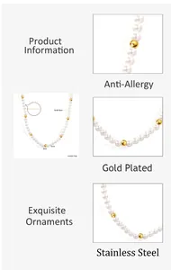 Detalles del collar de perlas chapado en oro con cuentas de acero inoxidable y medidas