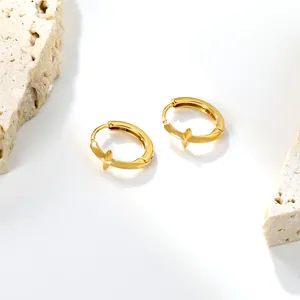 Minimalist 18k gold geometric hoop earrings with a 3D star zircon pendant for women