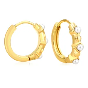 Elegant 18k gold plated stainless steel hoop earrings with white pearl inlay and crystals
