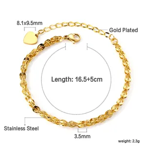 Bracciale in acciaio inossidabile placcato oro 18k con pendente a cuore e maglia a foglia