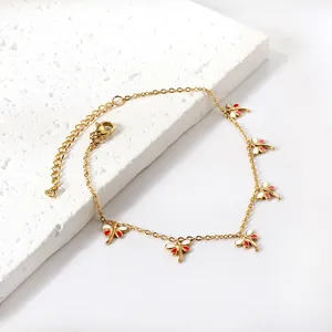 18k gold plated stainless steel anklet featuring colorful dragonfly enamel charms