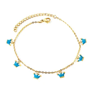 18k gold plated stainless steel anklet featuring light blue crown charms and zircon stones