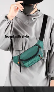 Detail of dark green fanny pack featuring grid nylon fabric and fashion buckles