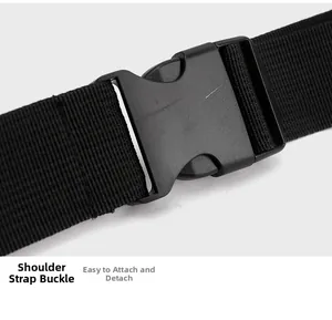 Detail view of durable black plastic shoulder strap buckle and woven nylon webbing