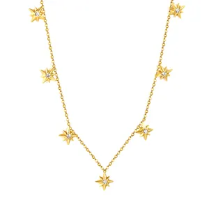 Elegant gold chain necklace featuring seven sparkling eight-pointed star pendants with crystals