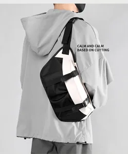 Detail view of back-carrying a black and white oxford fabric crossbody chest bag