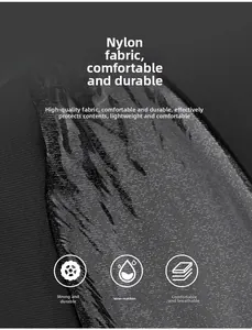 Close-up of waterproof black nylon fabric with water droplets on a durable laptop bag