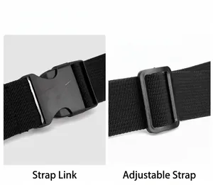 Detail of adjustable black nylon shoulder strap with plastic side release buckle and slider