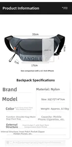 Detailed size chart for nylon cross-body waist bag showing dimensions 32x14x7cm