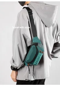 Close-up of a men's dark green tactical chest bag with BANQILU logo and zipper details