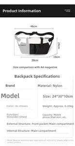 Detailed size specifications for the large capacity nylon crossbody chest bag with dimensions
