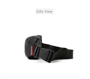 Side view of black waterproof nylon sling bag with durable buckle and red woven label