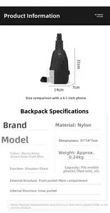Wasserdichte Brusttasche Größentabelle mit Maßen 31x14x7cm und Platz für iPad mini