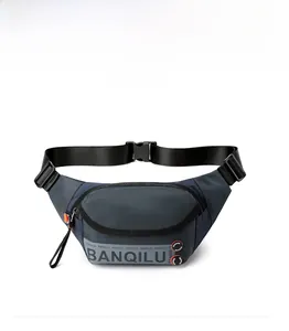 Front detail of grey-blue waist bag featuring BANQILU branding and mesh texture