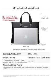 Detailed specs of nylon laptop bag with dimensions 37x29x6cm for 13.3 inch computers