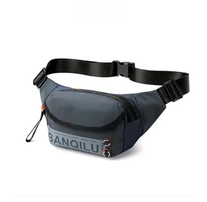 Detail of blue outdoor sports waist bag with BANQILU logo and adjustable strap