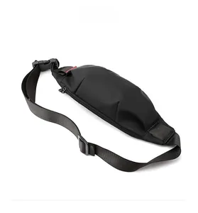 Detail of durable waterproof fabric with smooth zipper and buckle on black waist bag