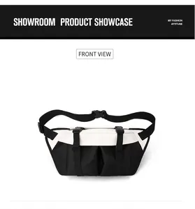 Detailed front view of high-density oxford chest bag with black and white techwear design