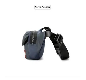 Side view of large capacity waterproof blue nylon waist bag with sturdy zippers