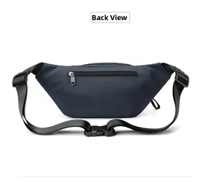 Detail view of the back of a blue sports waist bag with a zippered anti-theft pocket