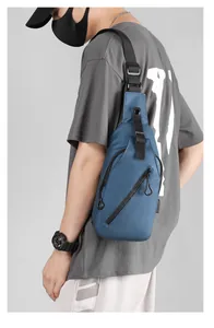 Blue waterproof men's chest bag with matte finish and adjustable nylon shoulder strap