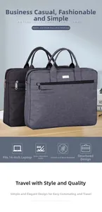 Detailed view of water-resistant business briefcase showing 14-inch laptop compartment