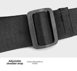 Detail of adjustable black nylon shoulder strap with plastic buckle for custom fit length