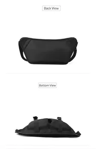 Detail view showing the back and bottom construction of the black Oxford cloth chest bag