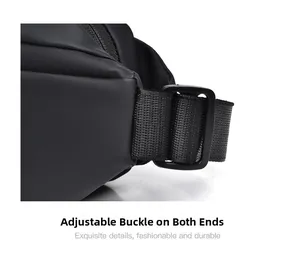 Detail of detachable hooks and adjustable nylon strap on a black tactical leg bag