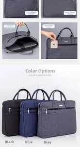 Detail of multi-compartment business laptop bag showing pockets and compartments