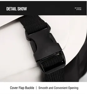 Detail shot of black plastic buckle and nylon strap on white leather crossbody bag