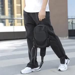 Men's black waterproof oxford fabric chest bag with geometric multi-pocket design