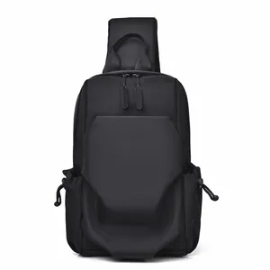 Waterproof black oxford crossbody chest bag with geometric flap and dual zippers