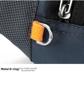 Detail of durable D-ring buckle and reinforced stitching on a blue men's waist bag