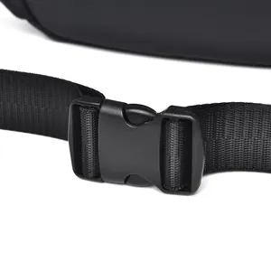 Macro shot of durable black plastic buckle and high-density webbing for tactical leg bag