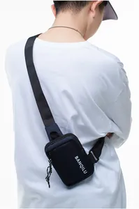 Detailed view of the BANQILU dark nylon mini crossbody bag with adjustable strap and zipper