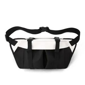 Men's outdoor sports chest bag in black and white oxford cloth with adjustable straps