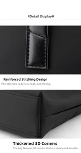 Detail view of reinforced stitching and thickened corners on a black nylon briefcase
