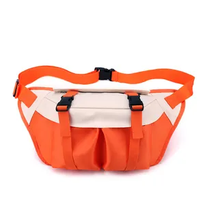 Orange and white large capacity nylon chest bag with adjustable straps and buckles