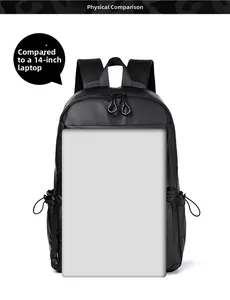 Dettaglio dello zaino nero impermeabile con confronto dimensioni per laptop da 14"