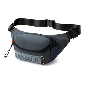 Men's dark gray checkered waist bag with adjustable nylon strap for outdoor sports use