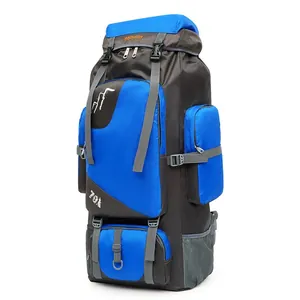 Detail view of the 70L outdoor hiking backpack with durable nylon fabric and side mesh pockets