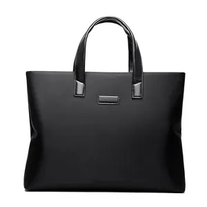 Business men's black nylon briefcase tote with laptop sleeve and sturdy top handles