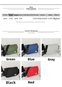 Size guide for nylon messenger bag showing 27x18x8cm dimensions and colors