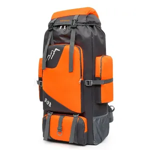 90L large capacity outdoor hiking backpack in orange and grey for camping and travel