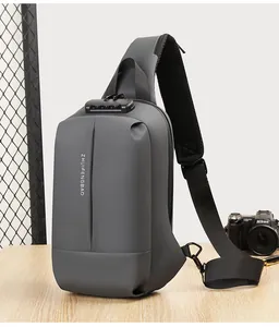 Nahaufnahme des Anti-Diebstahl-Zahlenschlosses und des wasserfesten Stoffes der Brusttasche