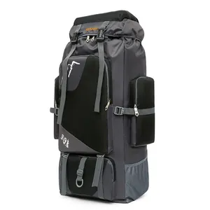 High-capacity 90L outdoor hiking backpack in grey and black with durable straps
