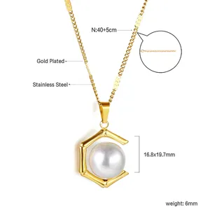 18k gold plated stainless steel necklace with hexagonal pendant and large white pearl