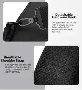 Détail du crochet en métal amovible et de la bandoulière respirante en mesh du sac