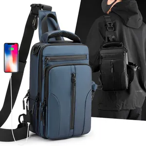Zaino monospalla tattico impermeabile da uomo con porta USB e scomparti multipli